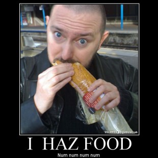 Radio Clash 20: Easter Extravaganja with Kirk and Tim eclectic music mashup podcast cover is Kirk eating a baguette with I HAZ FOOD under it