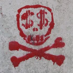 Graffiti in Rome showing skull and cross bones with dollar signs for eyes Radio Clash 69: Revolutionary 69 Dudes!  mashup music eclectic podcast cover