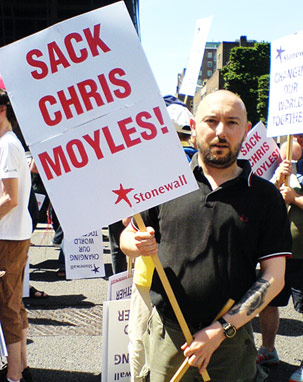 Sign saying Sack Chris Moyles! Greetings from Europride!