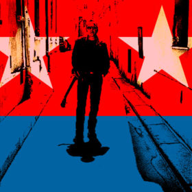 RC 143: Punk Rock War Lord Joe Strummer themed eclectic music mashup podcast cover shows Joe on a Sandinista revolutionary flag