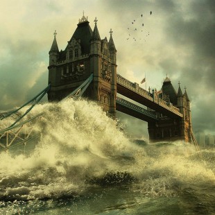 RC 186: London Bridge is Falling Down (London Part 2) eclectic music mashup podcast  songs about London cover shows a biblical flood engulfing Tower Bridge