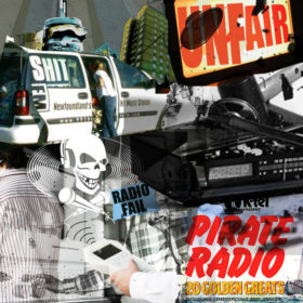 RC 203: Radio Fail eclectic music mashup podcast cover is images of pirate radio and broadcasting
