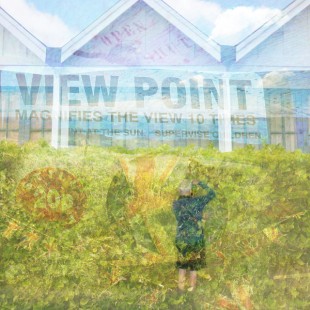 Collage of double exposures including seaside huts and a sign saying View Point RC 208: Drowning in The Sun mashup eclectic music podcast cover