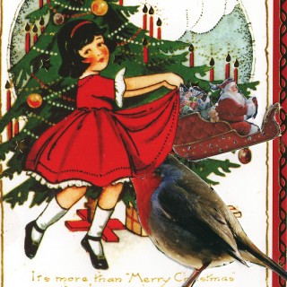 RC 231: Last Christmas eclectic music mashup podcast cover robin under red dress of girl with Xmas Tree DIY card