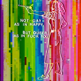 RC 235: The Queer History of Pop Part 2 (90s-00s) LGBTQ lesbian trans bisexual eclectic mashup music podcast remix cover  says Not Gay As In Happy Queer as In Fuck You - Austin Texas Riot Grrl