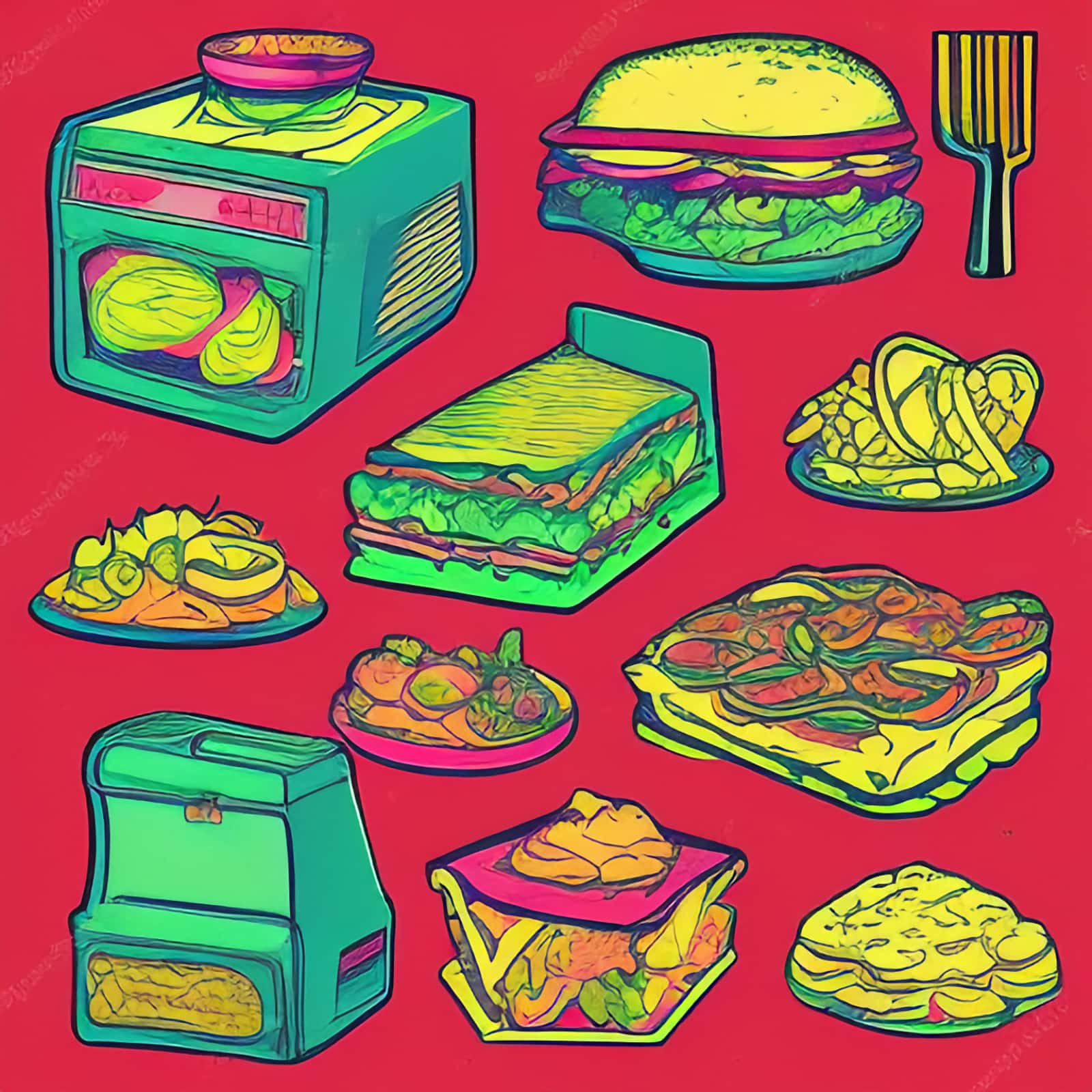 1980's food, 80's, burger, Buffet Libre covers