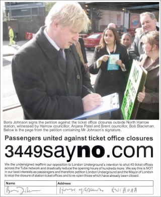 2008 Boris signed a petition against plans by Ken Livingstone to close 40 tube ticket offices.