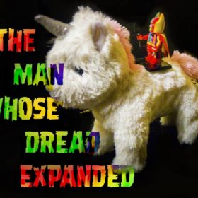 RC 275: The Man Whose Dread Expanded eclectic music mix podcast mashup cover art - image of a toy unicorn being ridden by a Lego rainbow Batman