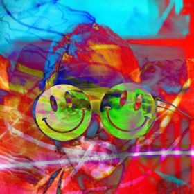 RC 308: Raving I’m Raving  acid house and rave mix podcast, cover art is two smileys over an old photo of me in goggles very psychedelic