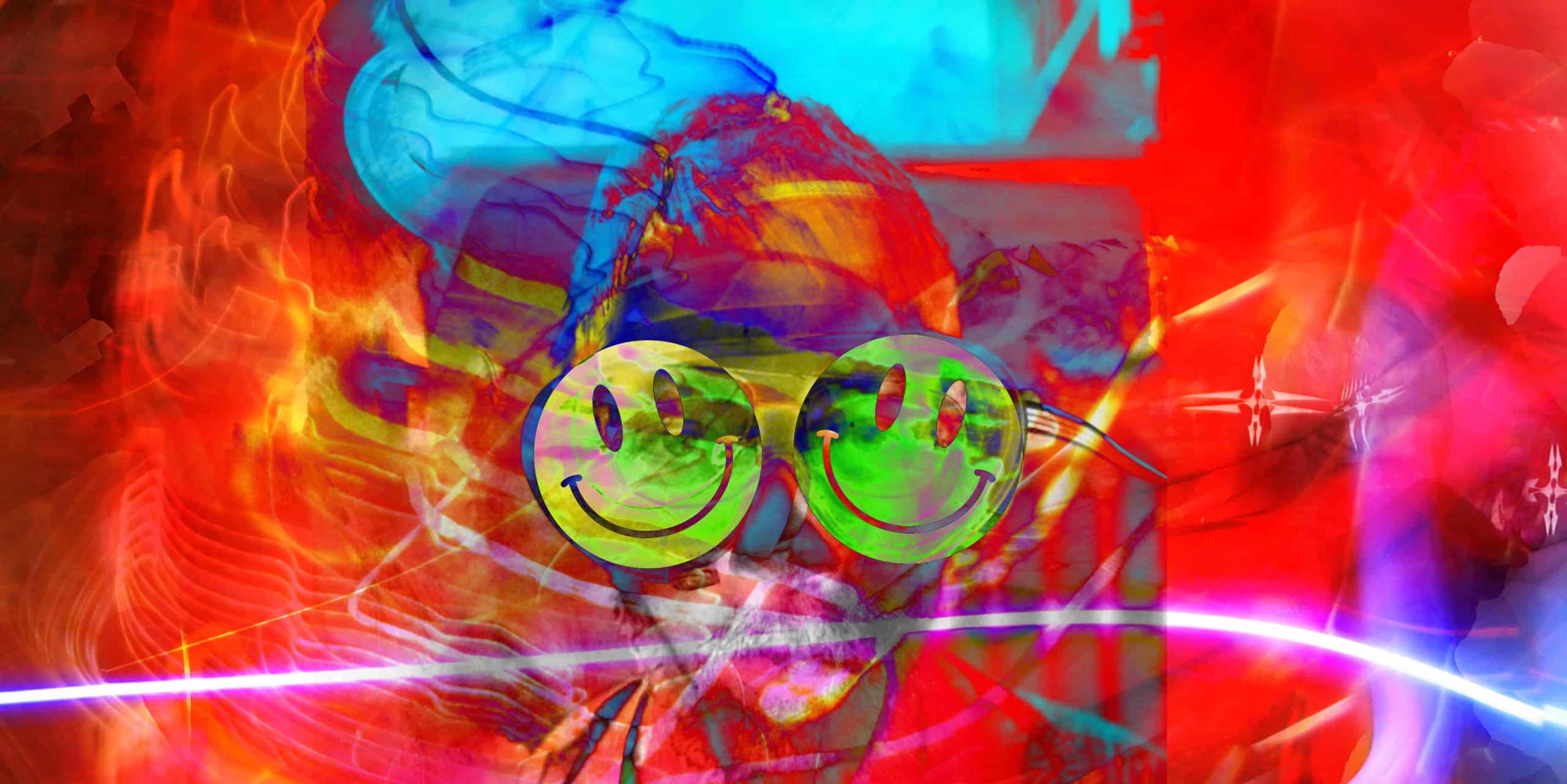 RC 308: Raving I’m Raving  acid house and rave mix podcast, cover art is two smileys over an old photo of me in goggles very psychedelic