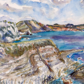 Mupe Bay - Watercolour and fountain pen, Fabriano Paper, 38x28cm Dorset Jurassic Coast Lulworth Durdle Door Mupe Bay Seascape Cliffs Sea Painting Drawing Jaunt Jurassic Coast Tentcast art